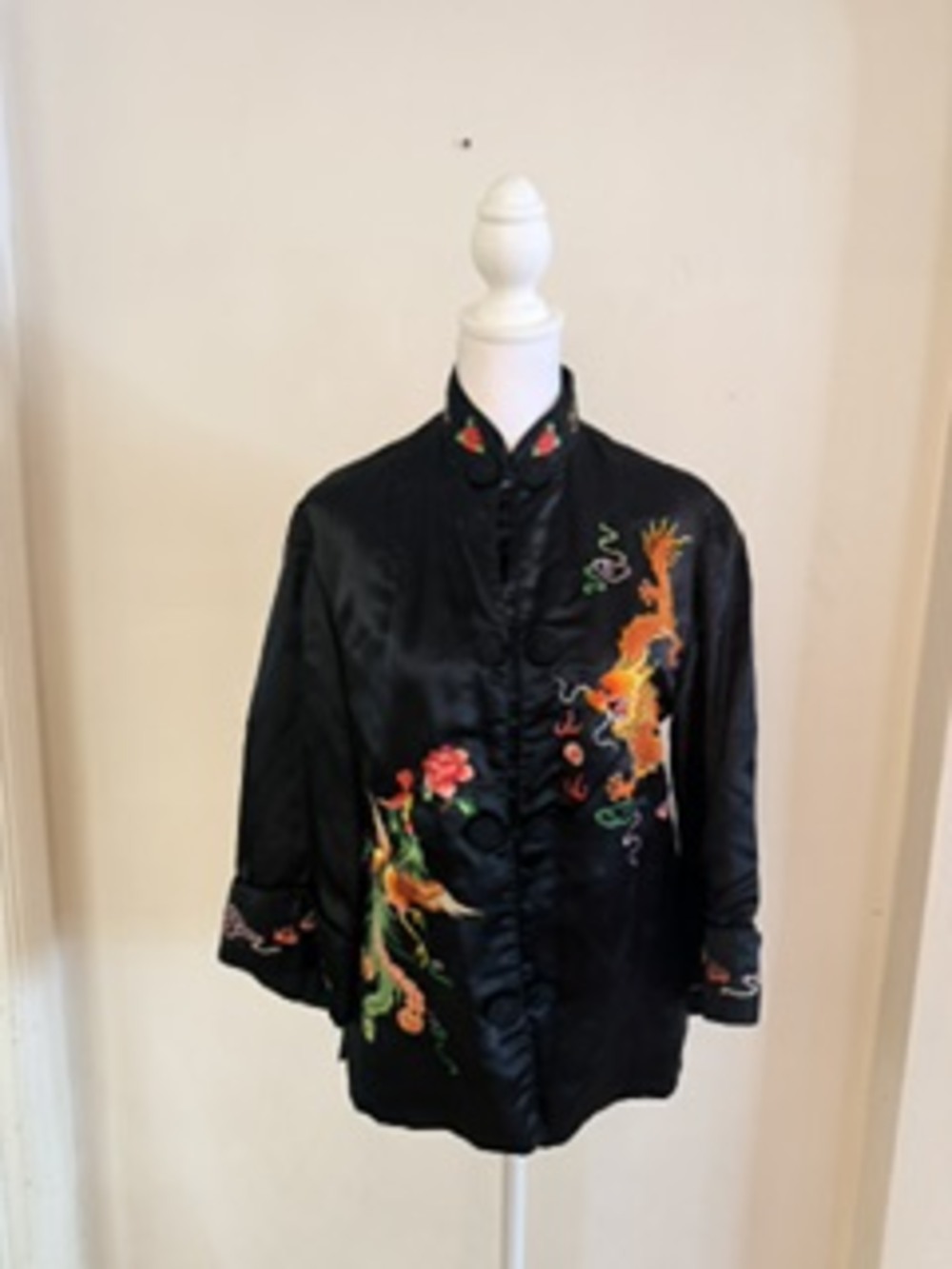 Vintage Black Satin Chinese Embroidered Jacket | Dragon & Phoenix Motif | Asian